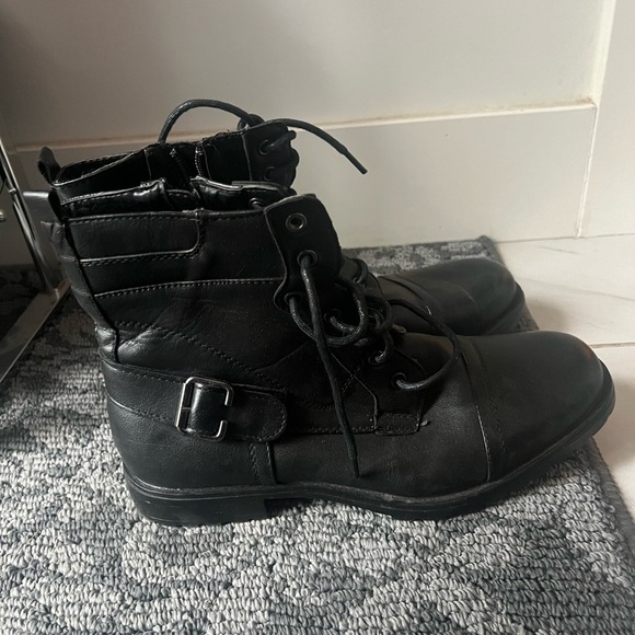 Nevada combat boots leather lace up winter fall moto biker black silver classy